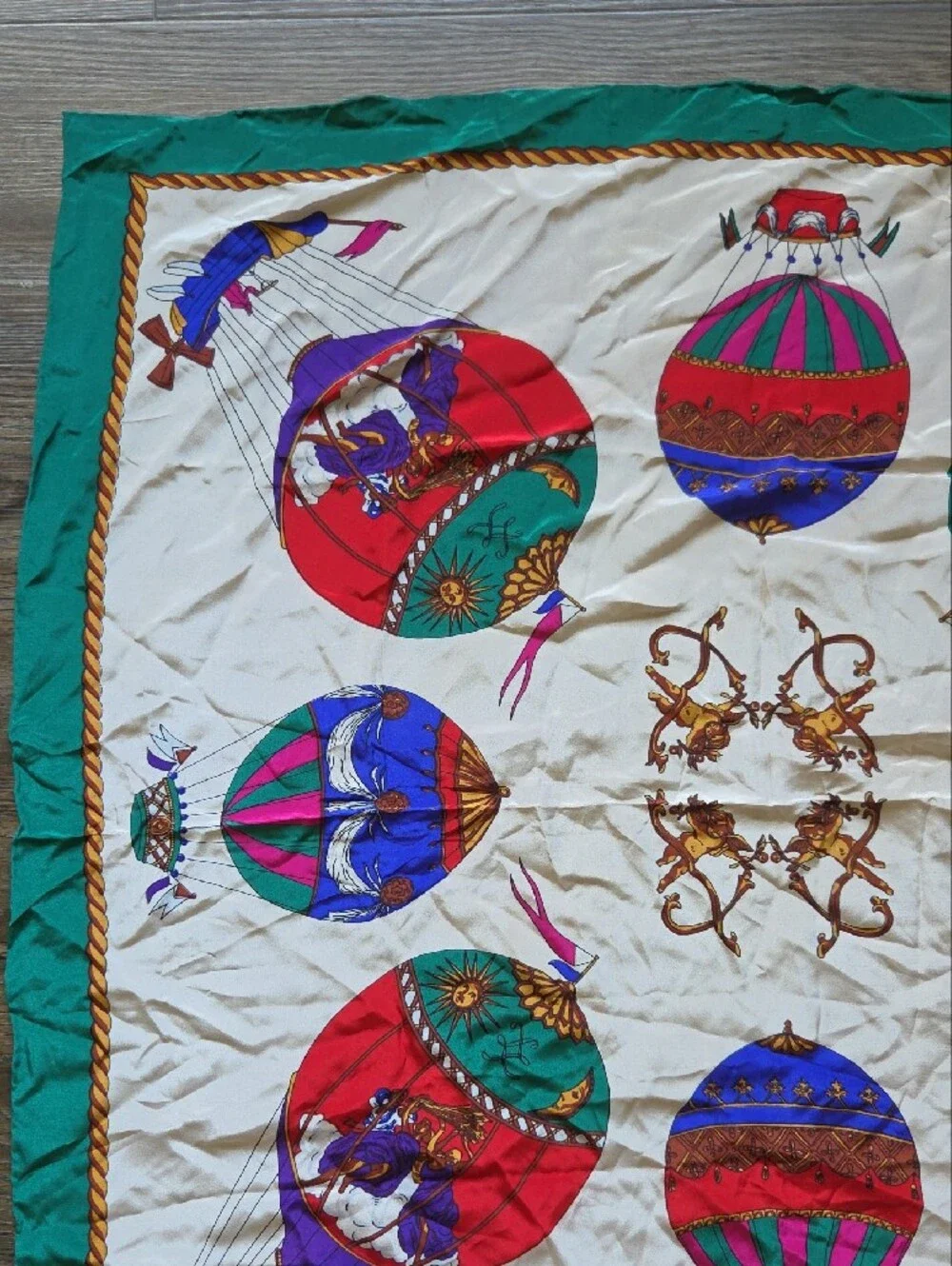 Green And White Celestial Hot Air Balloon Decorative Scarf 100% Silk